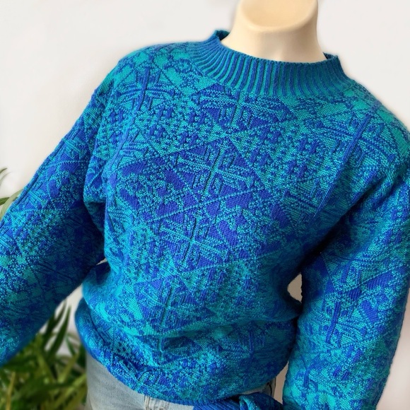 v i n t a g e :: Aztec Geometric Textured Wool Knit Sweater Turquoise - Picture 1 of 13